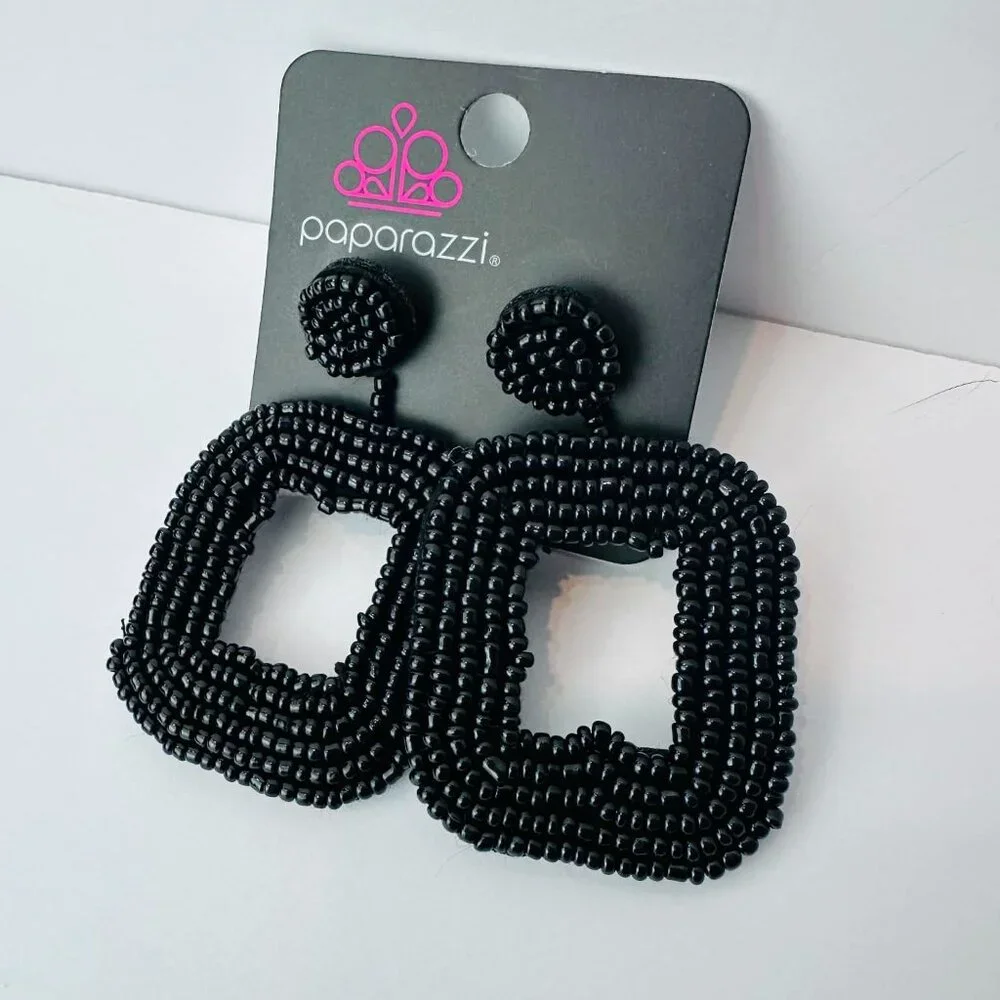 Paparazzi Black Beaded Statement Earrings – Lightweight Geometric Dangle Jewelry
